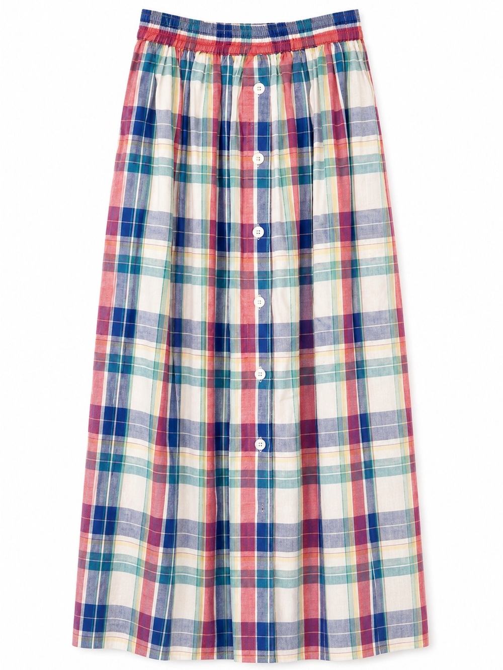 Vintage blue pink white turquoise pull on plaid skirt buttons all the way down